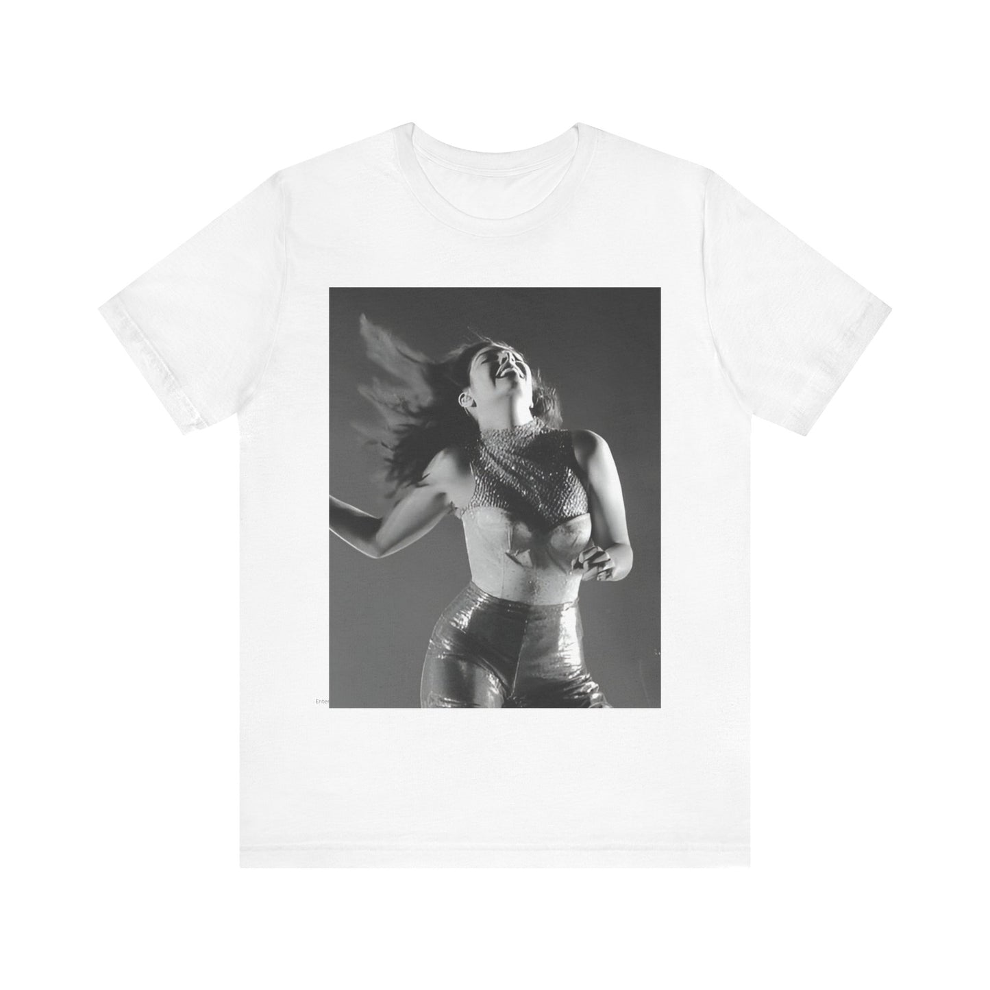 A black graphic t-shirt featuring a black and white, monochrome graphic or portrait of Lorde.
