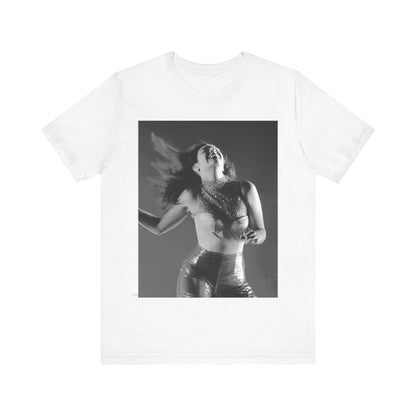 A black graphic t-shirt featuring a black and white, monochrome graphic or portrait of Lorde.