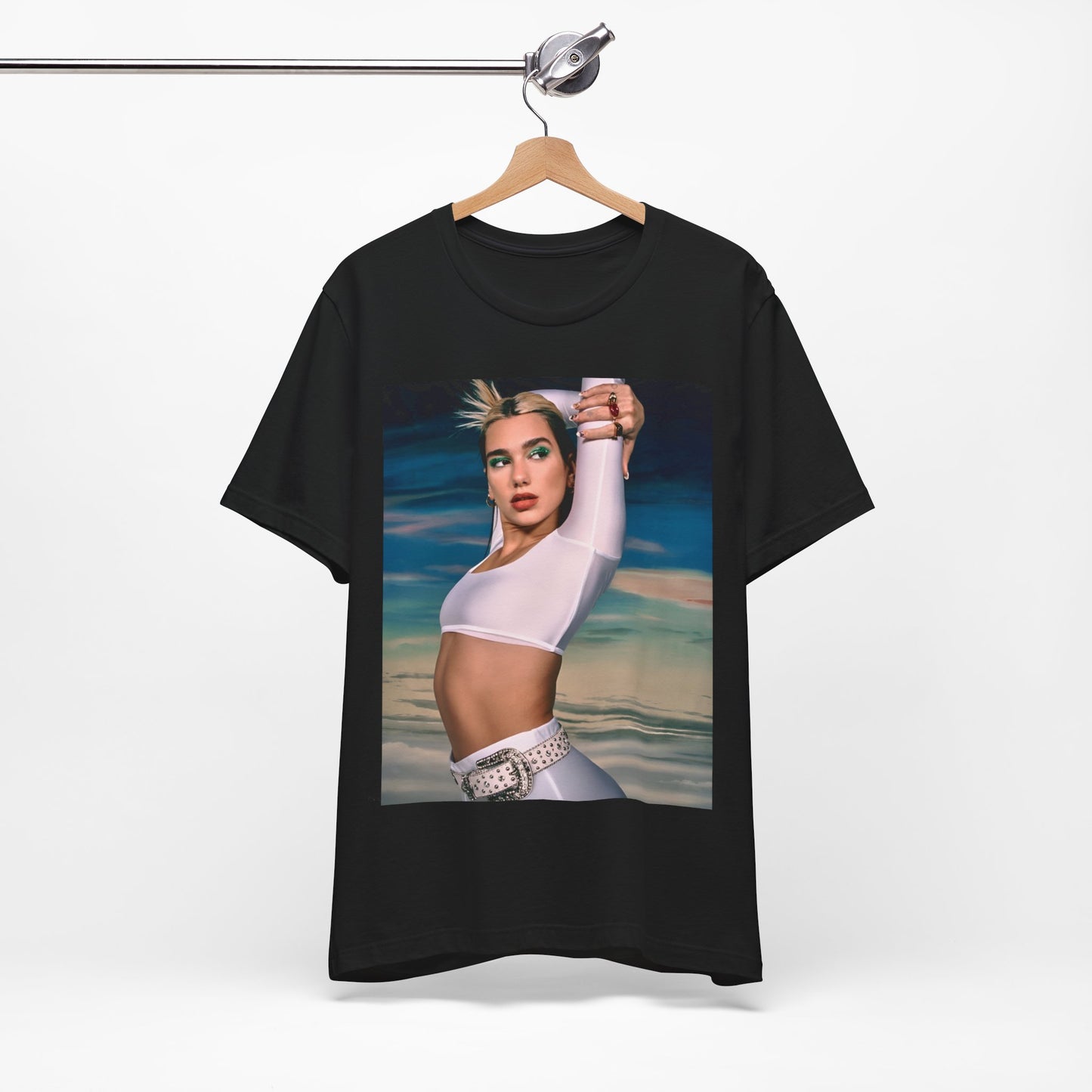 A black graphic t-shirt featuring a stylized graphic of Dua Lipa as a modern pop sensation.