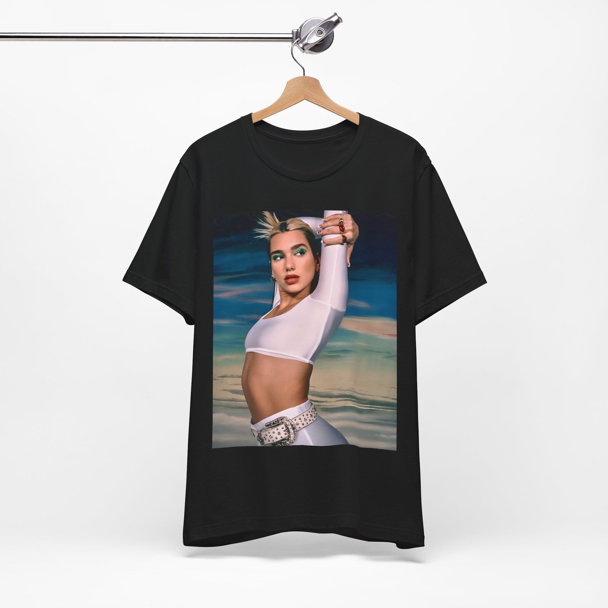 A black graphic t-shirt featuring a stylized graphic of Dua Lipa as a modern pop sensation.