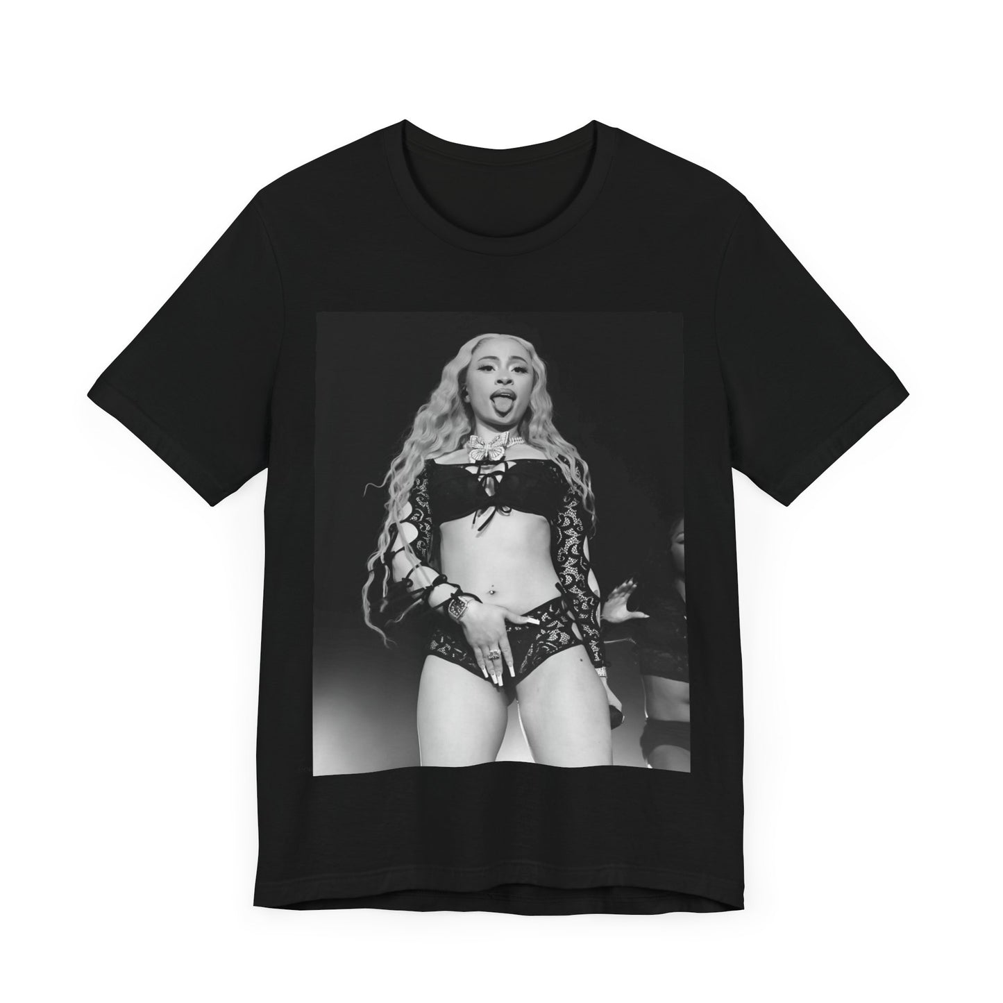 A black graphic t-shirt featuring a black and white graphic related to Ice Spice's song 'Deli', with a 'rap baddie' aesthetic.