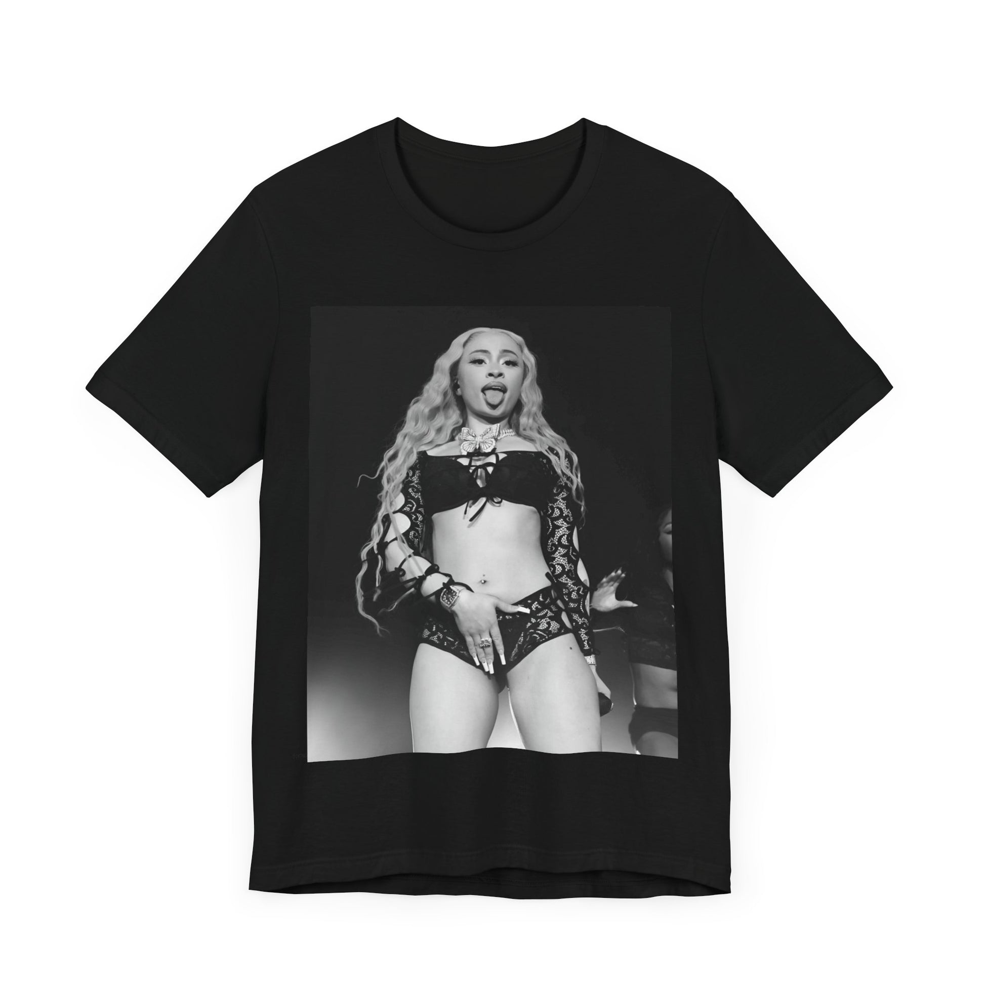 A black graphic t-shirt featuring a black and white graphic related to Ice Spice's song 'Deli', with a 'rap baddie' aesthetic.