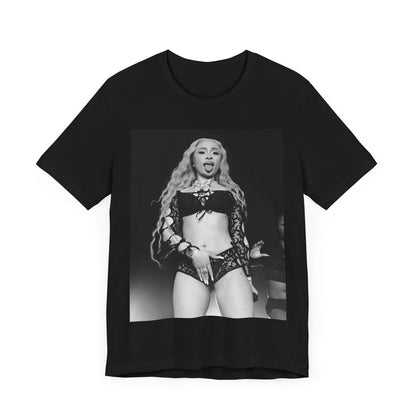 A black graphic t-shirt featuring a black and white graphic related to Ice Spice's song 'Deli', with a 'rap baddie' aesthetic.