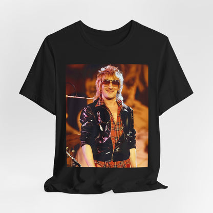 A black graphic t-shirt featuring a graphic related to Rod Stewart's 'Gasoline Alley' album era.