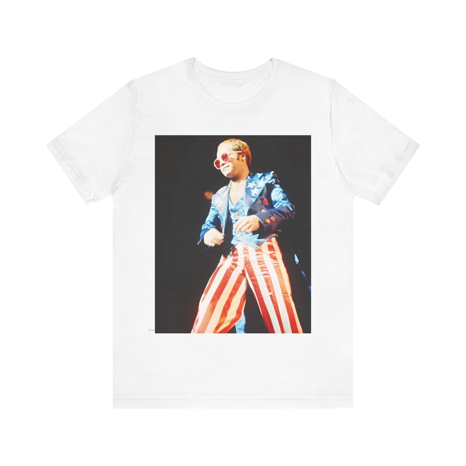A black graphic t-shirt featuring a graphic related to Elton John's 70s America tour.