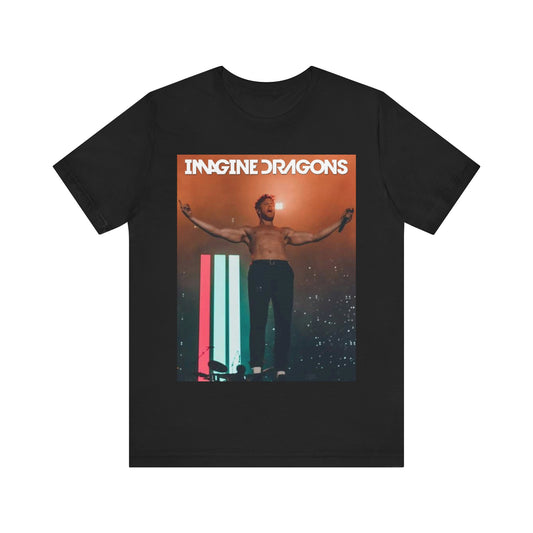 A black graphic t-shirt featuring a bold graphic of Imagine Dragons as arena rockers.
