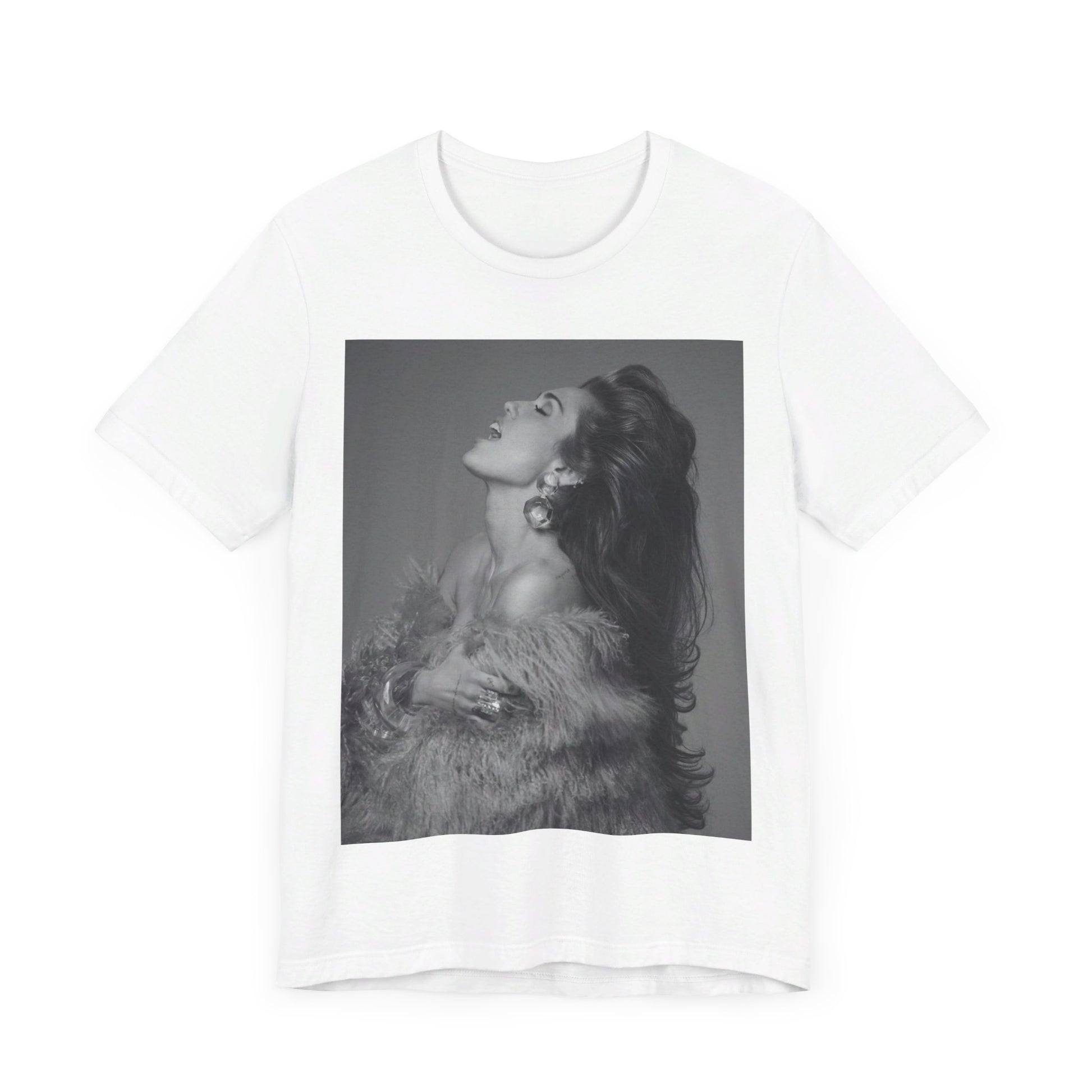 A black graphic t-shirt featuring a black and white portrait photo of Miley Cyrus.