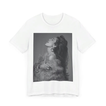 A black graphic t-shirt featuring a black and white portrait photo of Miley Cyrus.
