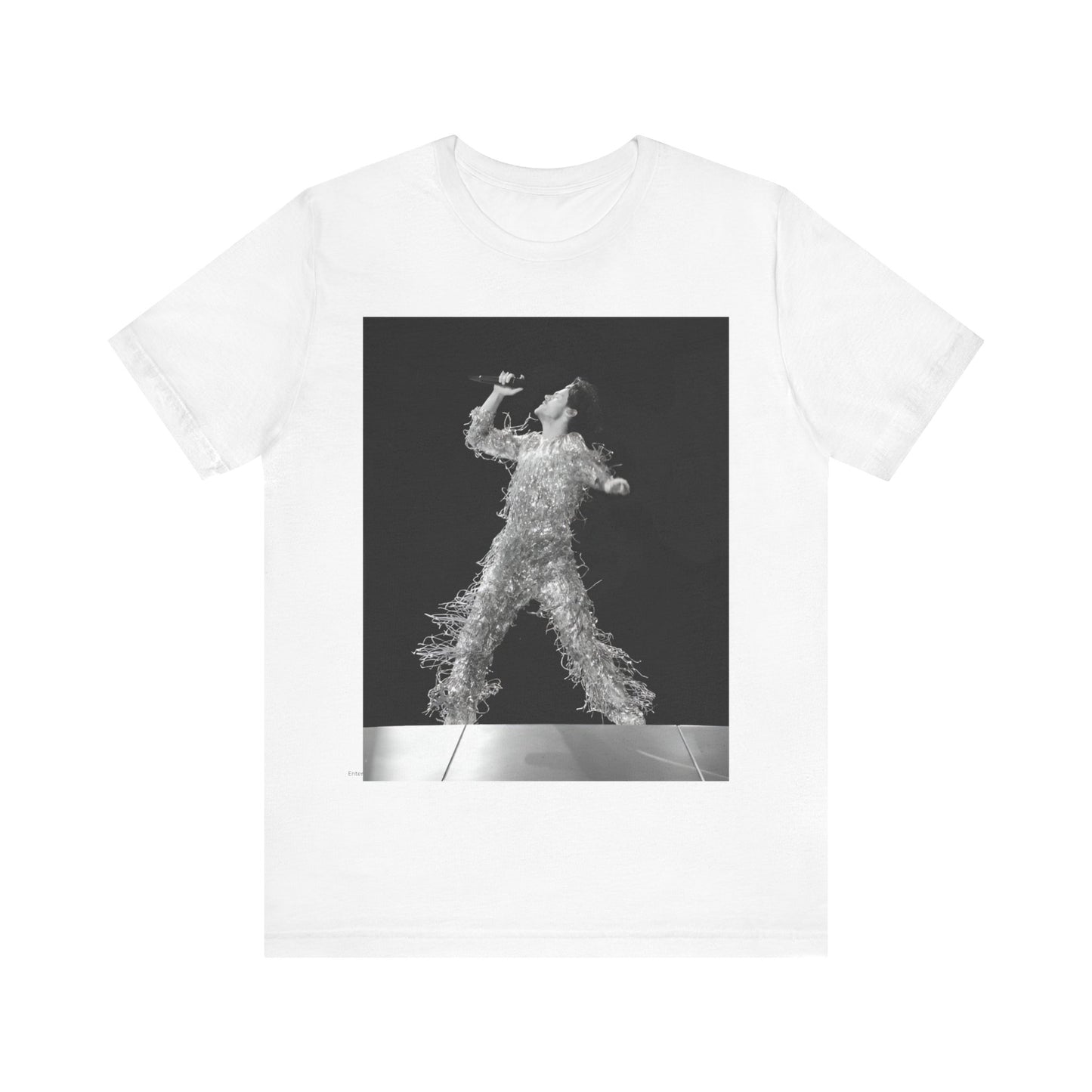A black graphic t-shirt featuring a boxy pop aesthetic graphic of Harry Styles.
