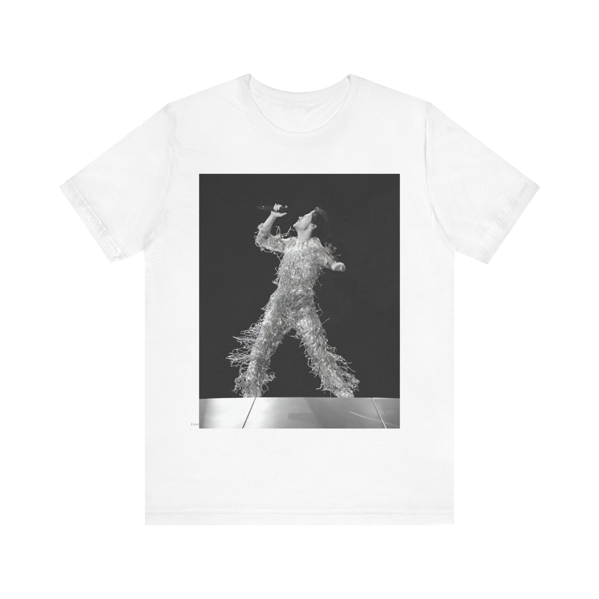 A black graphic t-shirt featuring a boxy pop aesthetic graphic of Harry Styles.