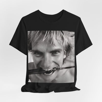 A black graphic t-shirt featuring a wild photo graphic of Sting.