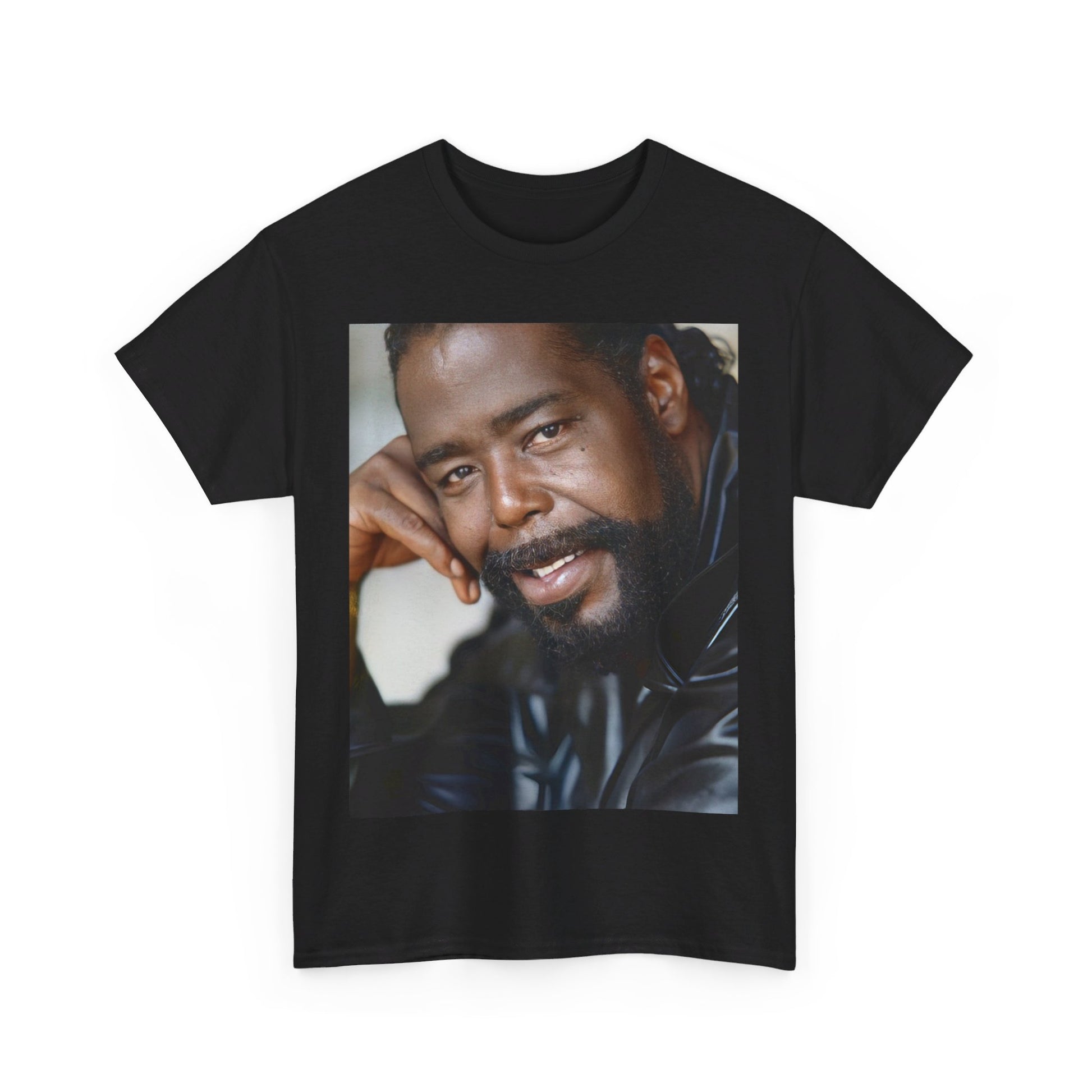 A black graphic t-shirt featuring a 70s-style pop art portrait graphic of Barry White.