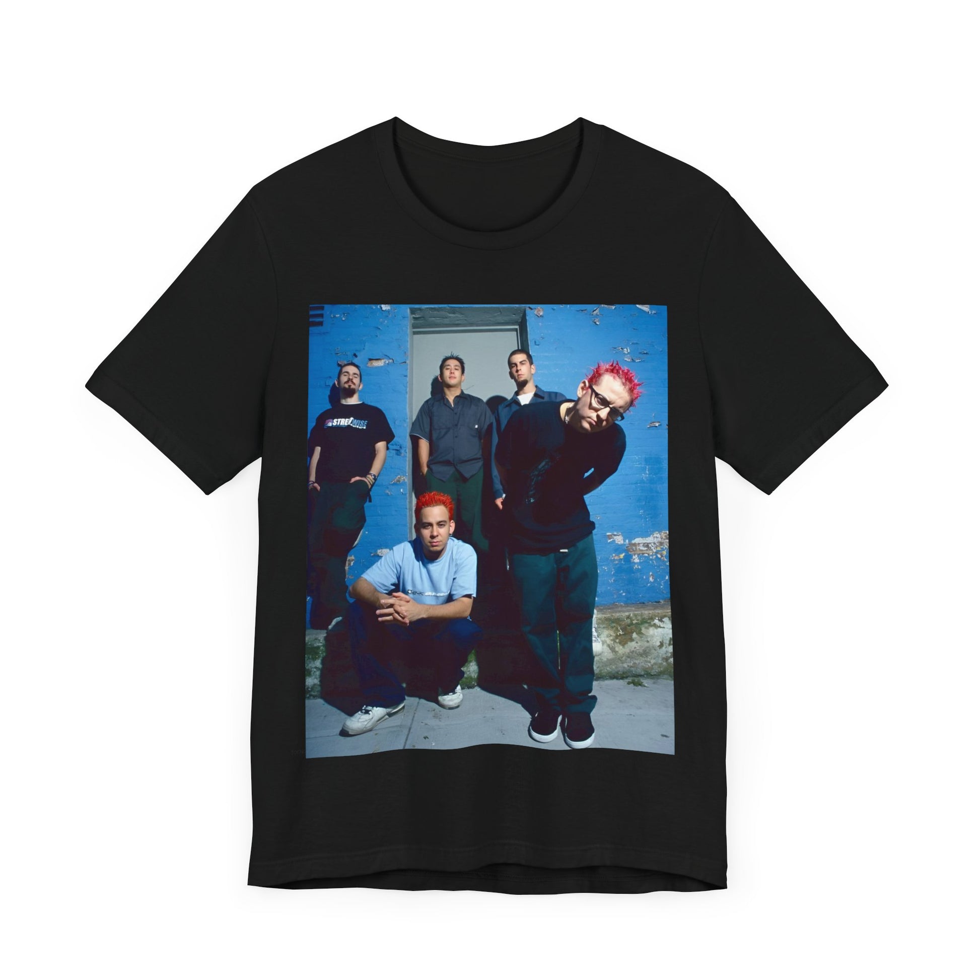 A black graphic t-shirt featuring a graphic of Linkin Park as nu-metal pioneers.