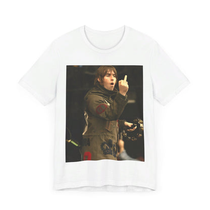 A black graphic t-shirt featuring a graphic of Liam Gallagher from Oasis giving the middle finger during a concert.