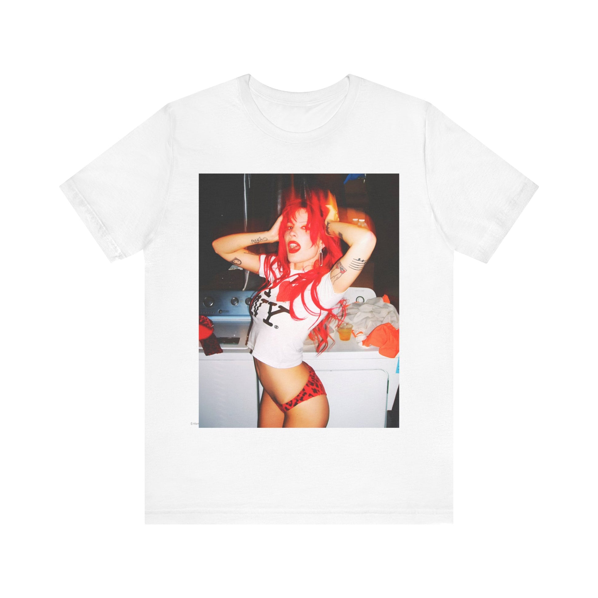 A black graphic t-shirt featuring a vintage alt pop aesthetic graphic of Halsey.
