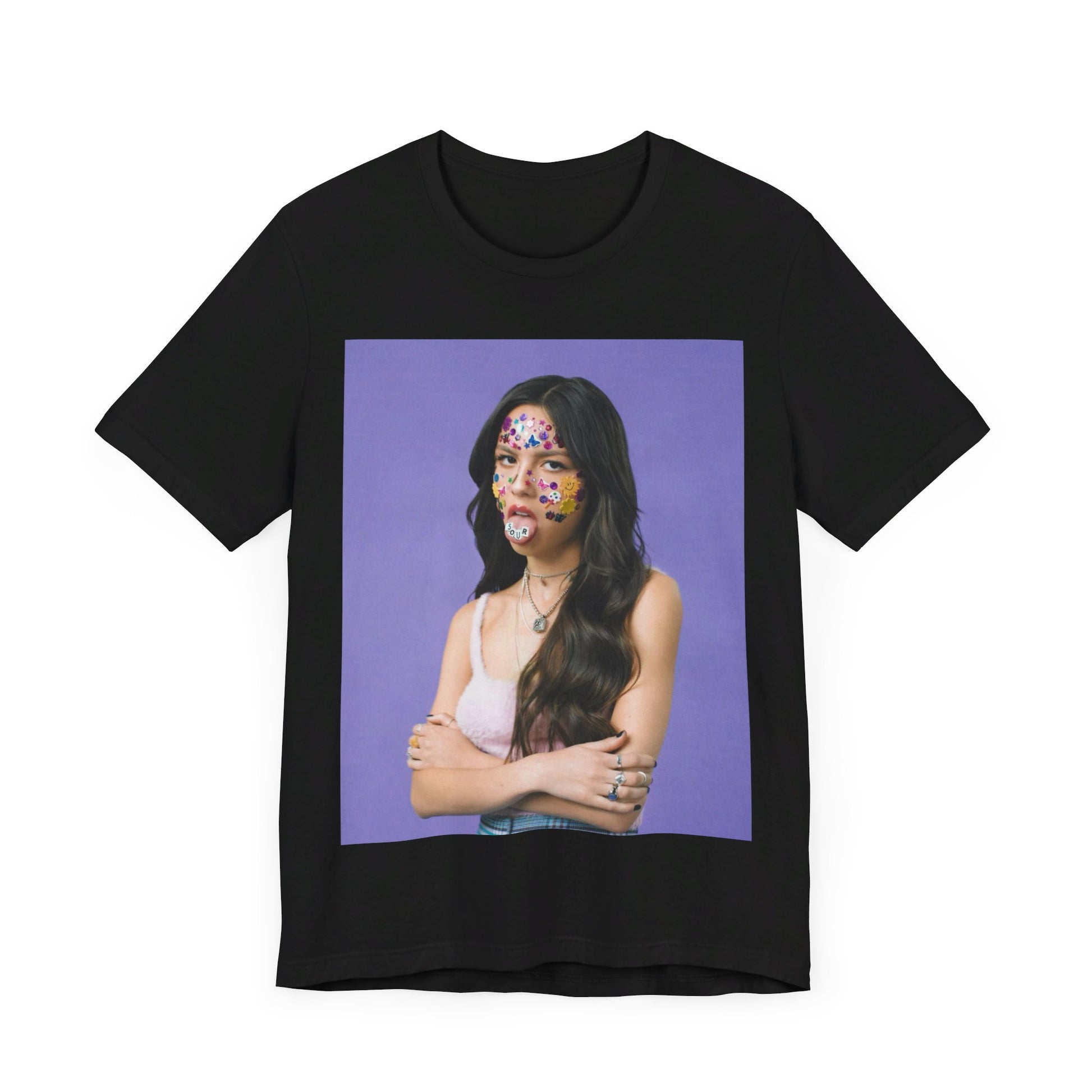 A black graphic t-shirt featuring a bold graphic of Olivia Rodrigo as a pop superstar.