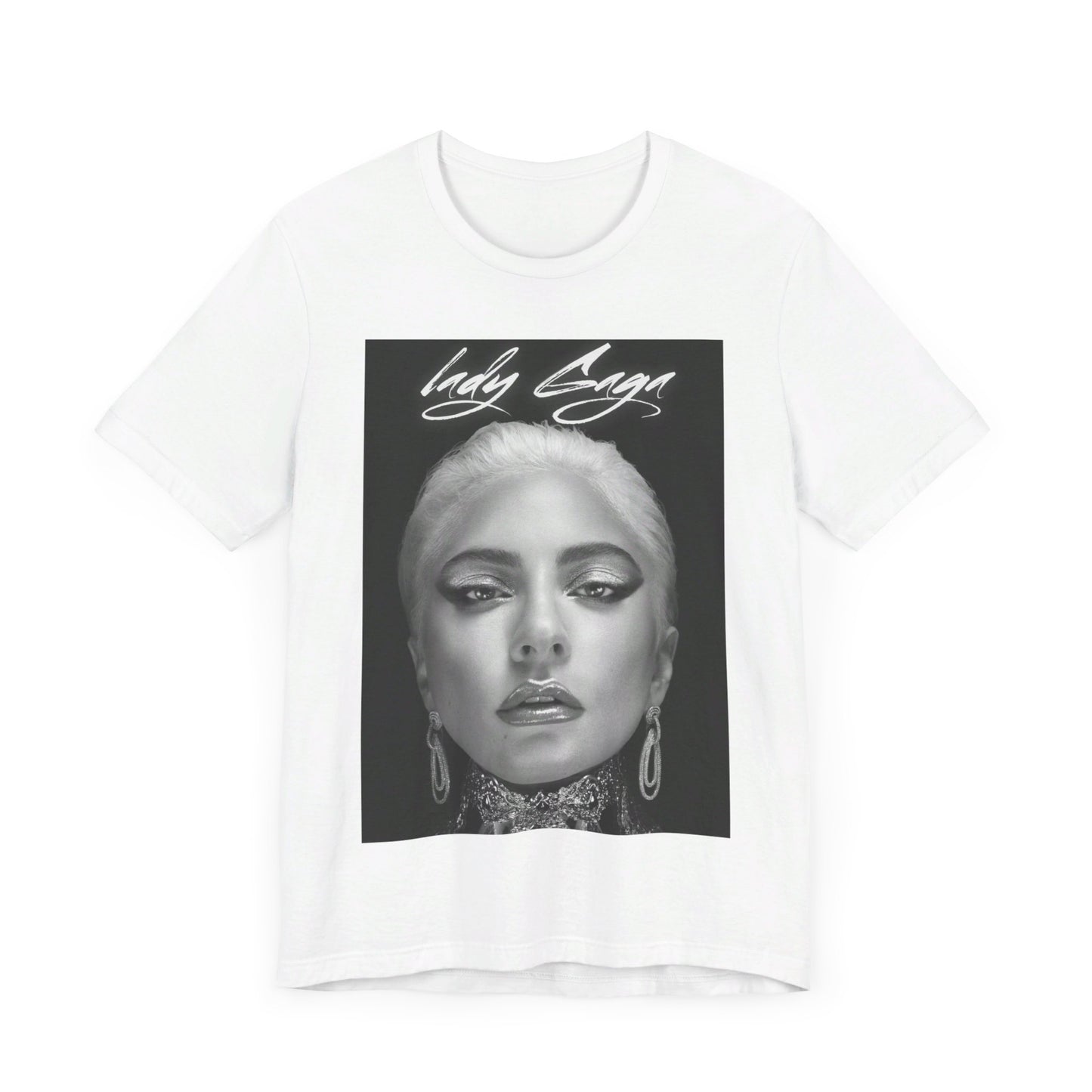 A black graphic t-shirt featuring a retro black and white monochrome graphic or photo of Lady Gaga.