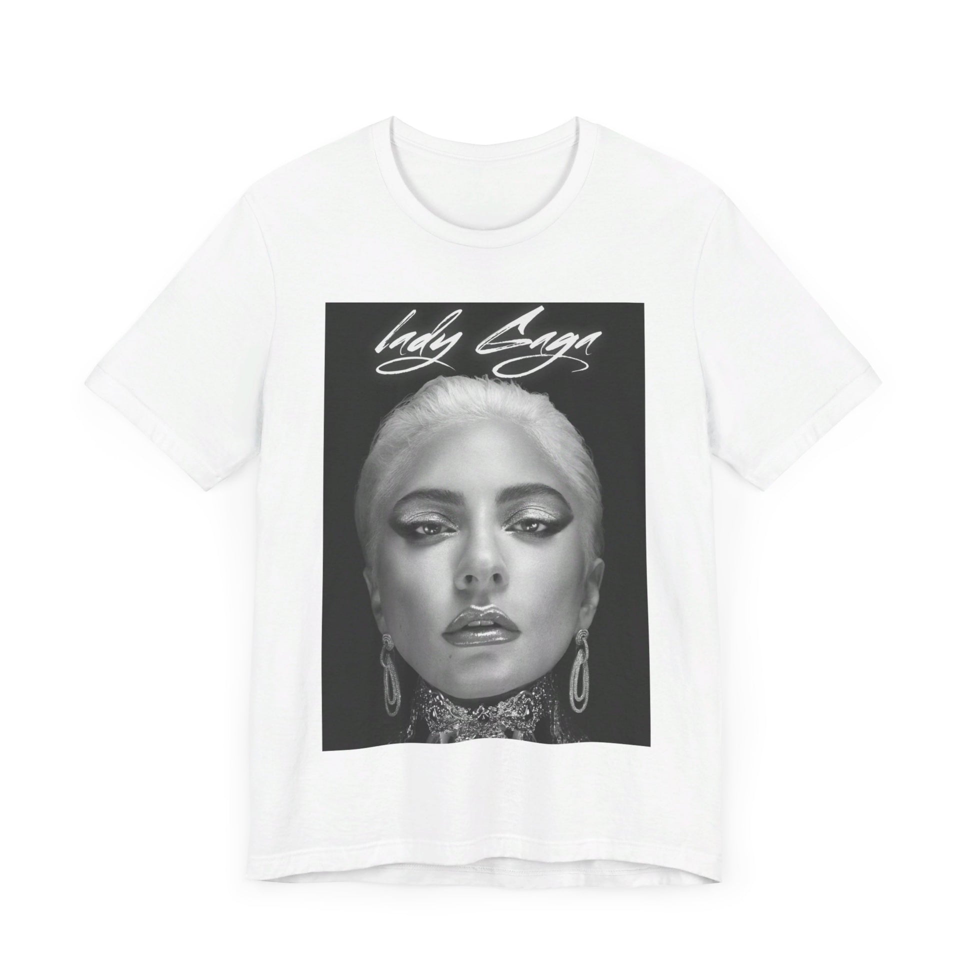 A black graphic t-shirt featuring a retro black and white monochrome graphic or photo of Lady Gaga.