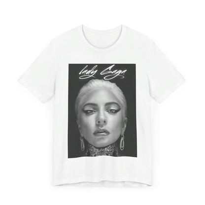A black graphic t-shirt featuring a retro black and white monochrome graphic or photo of Lady Gaga.