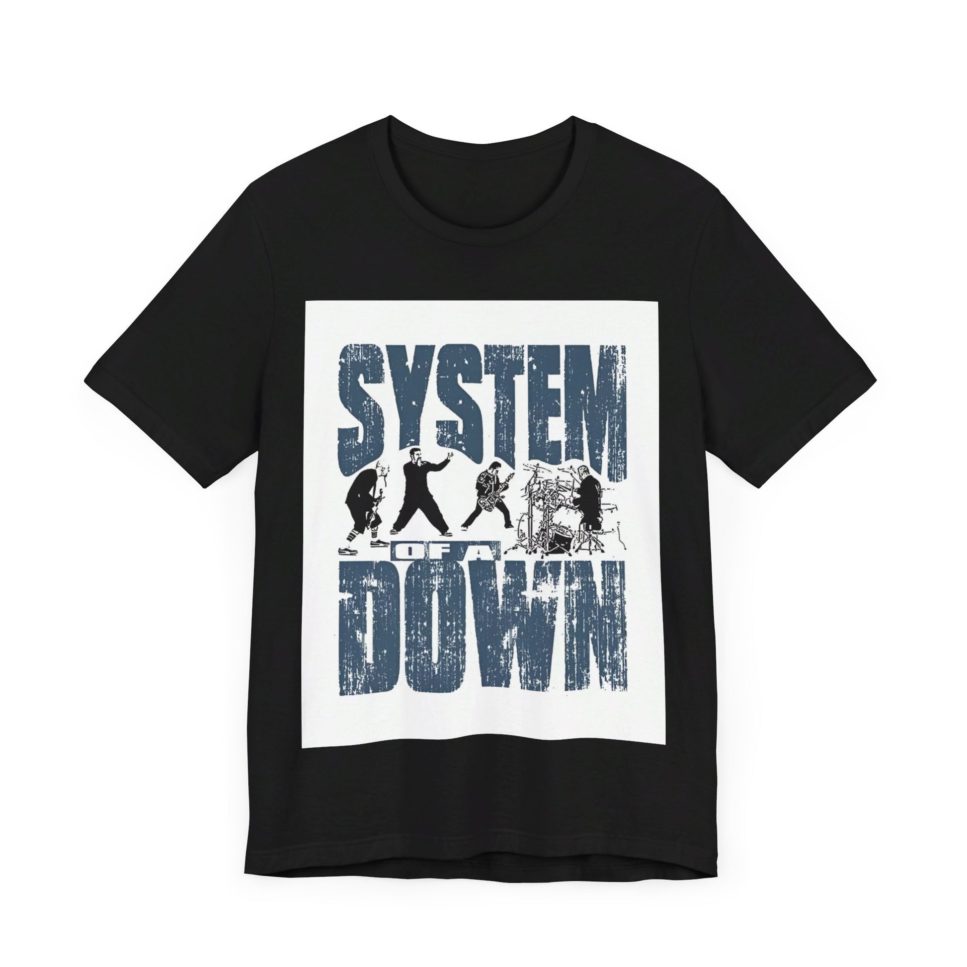 A black graphic t-shirt featuring a graphic of System of a Down as nu-metal pioneers.