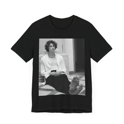A black graphic t-shirt featuring a vintage casual style graphic of Shawn Mendes.