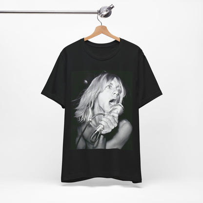 A black graphic t-shirt featuring a graphic of Iggy Pop as the Godfather of Punk, performing live.