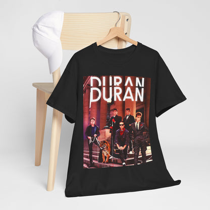 A black graphic t-shirt featuring a vintage 80s new wave graphic of Duran Duran.