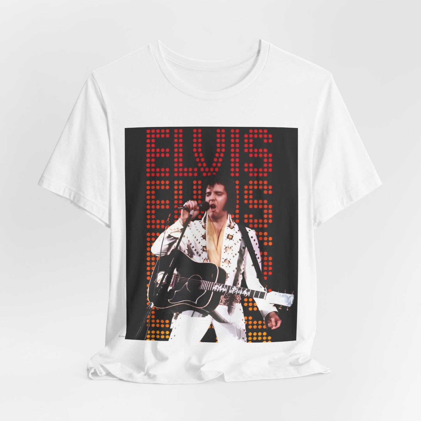 A black graphic t-shirt featuring a graphic related to Elvis Presley's '68 Comeback Special'.