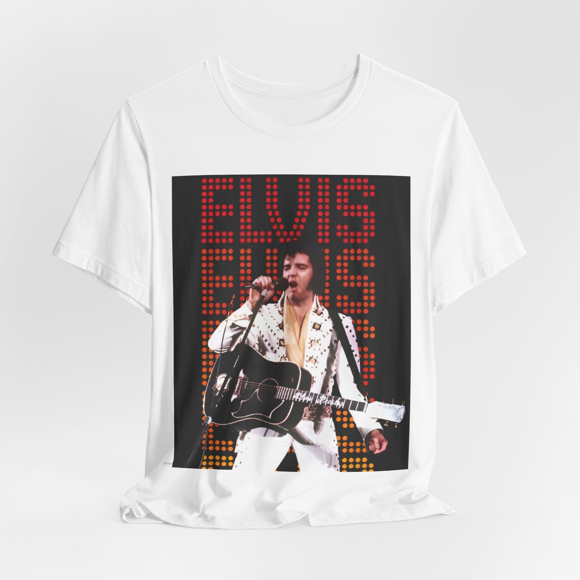A black graphic t-shirt featuring a graphic related to Elvis Presley's '68 Comeback Special'.