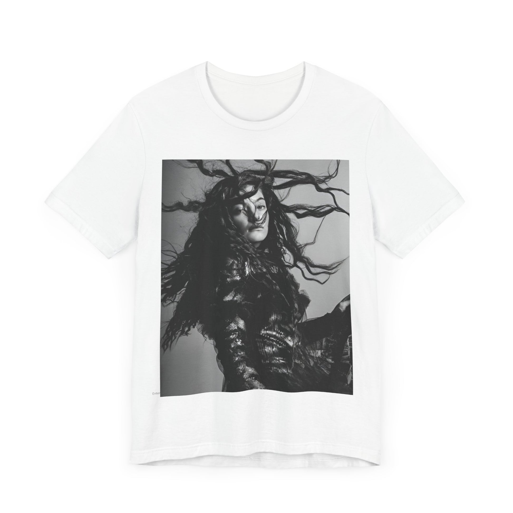 A black graphic t-shirt featuring a black and white retro photo or graphic of Lorde.