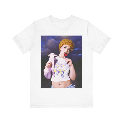 A black graphic t-shirt featuring a boxy rap graphic of Ice Spice with Bronx style elements.