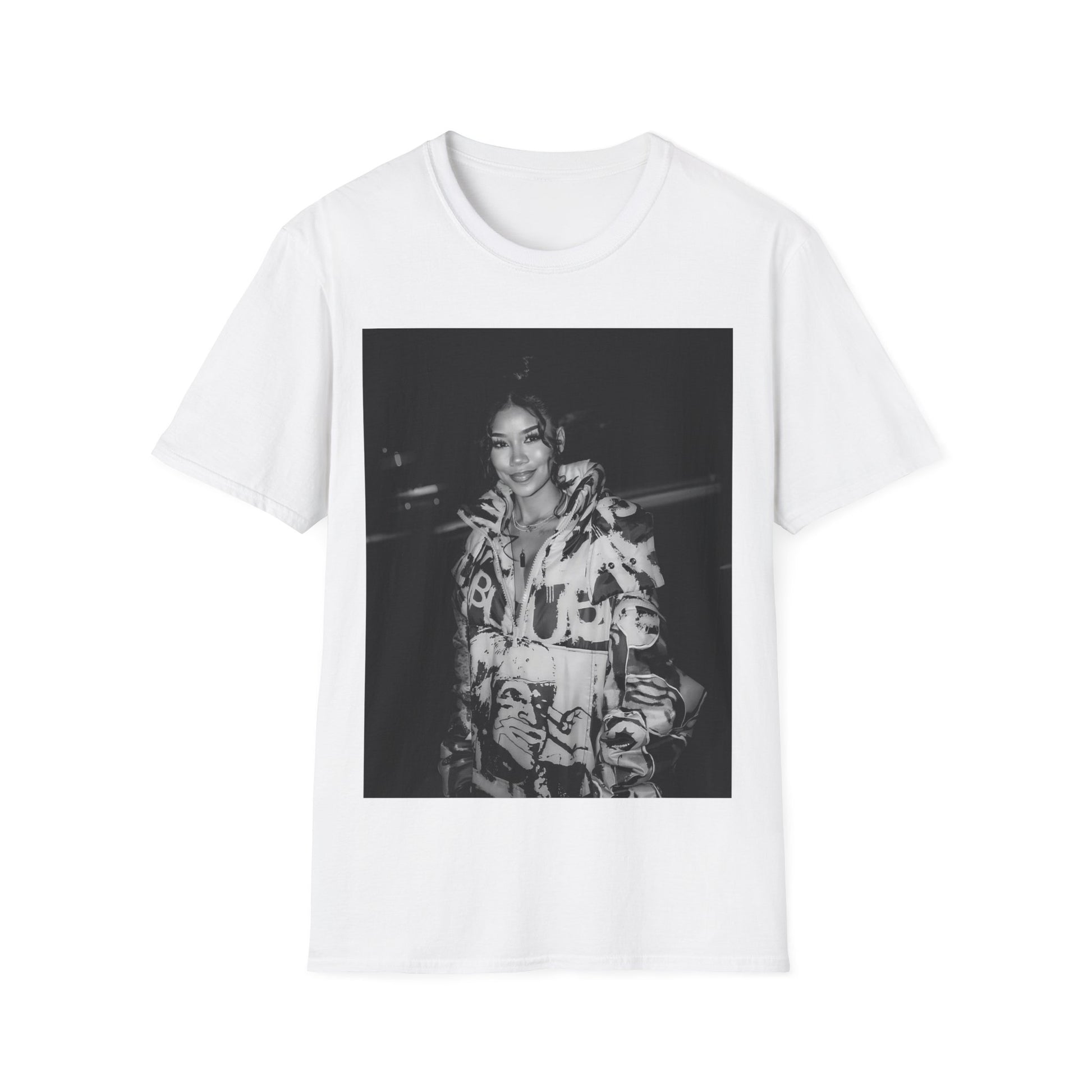 A black graphic t-shirt featuring a classic black and white photo portrait of Jhene Aiko.