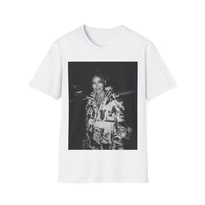 A black graphic t-shirt featuring a classic black and white photo portrait of Jhene Aiko.