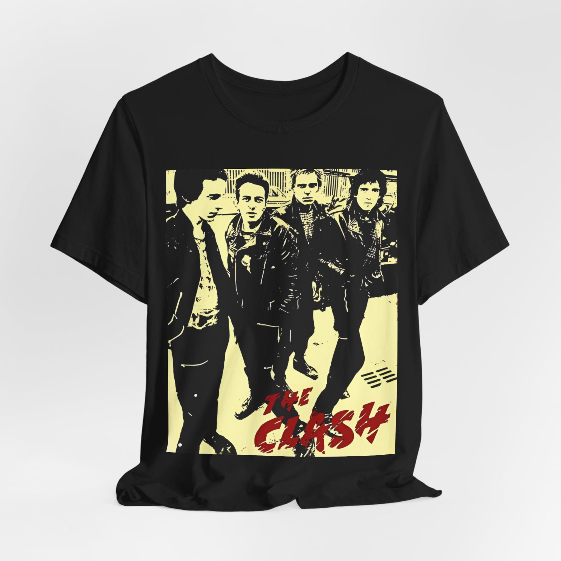 A black graphic t-shirt featuring an anti-establishment rock band graphic of The Clash.