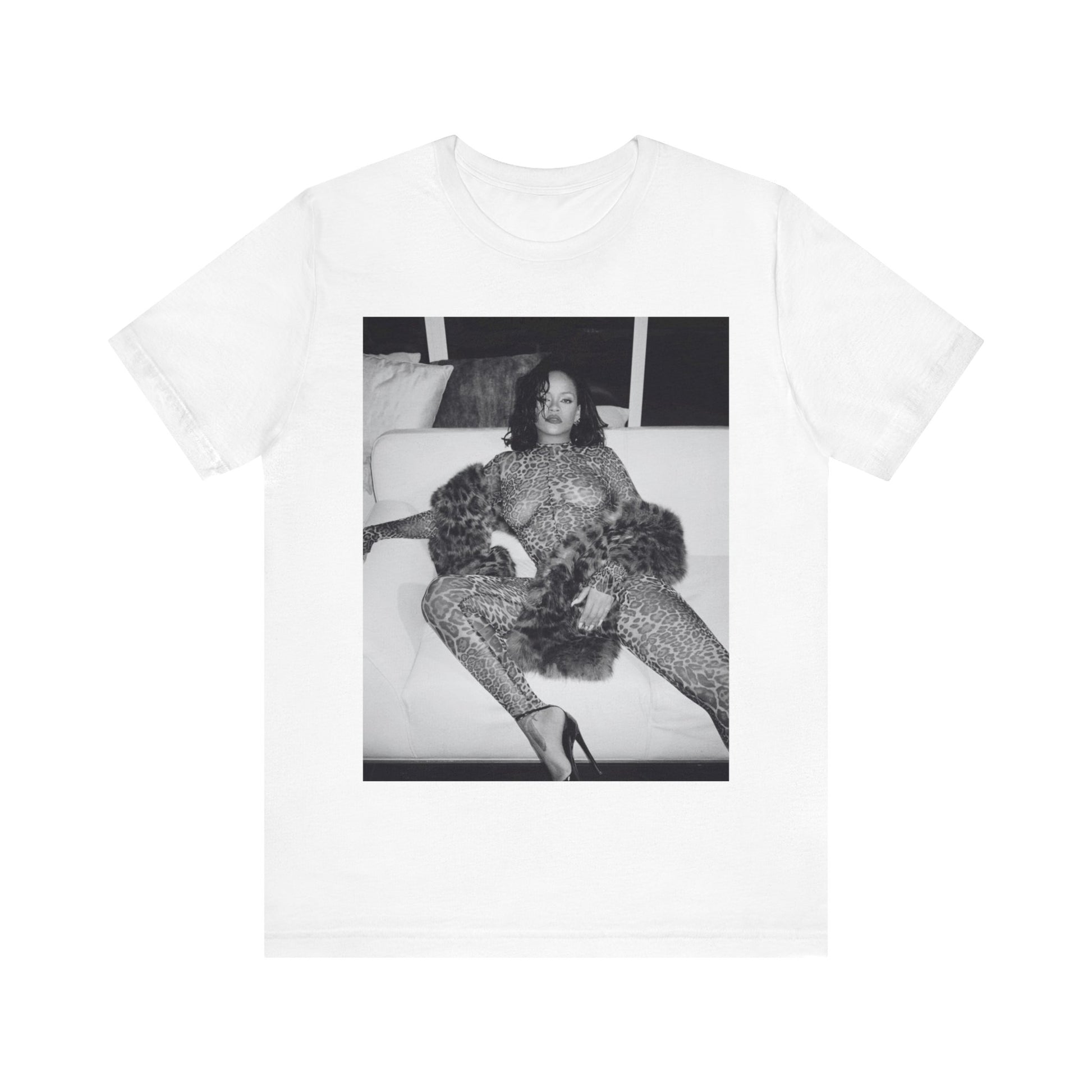 A black graphic t-shirt featuring a black and white, monochrome graphic or photo of Rihanna in a sexy pose.