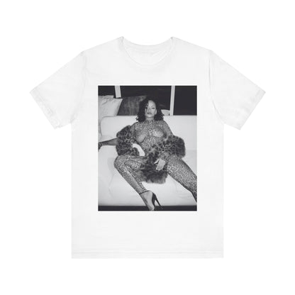 A black graphic t-shirt featuring a black and white, monochrome graphic or photo of Rihanna in a sexy pose.