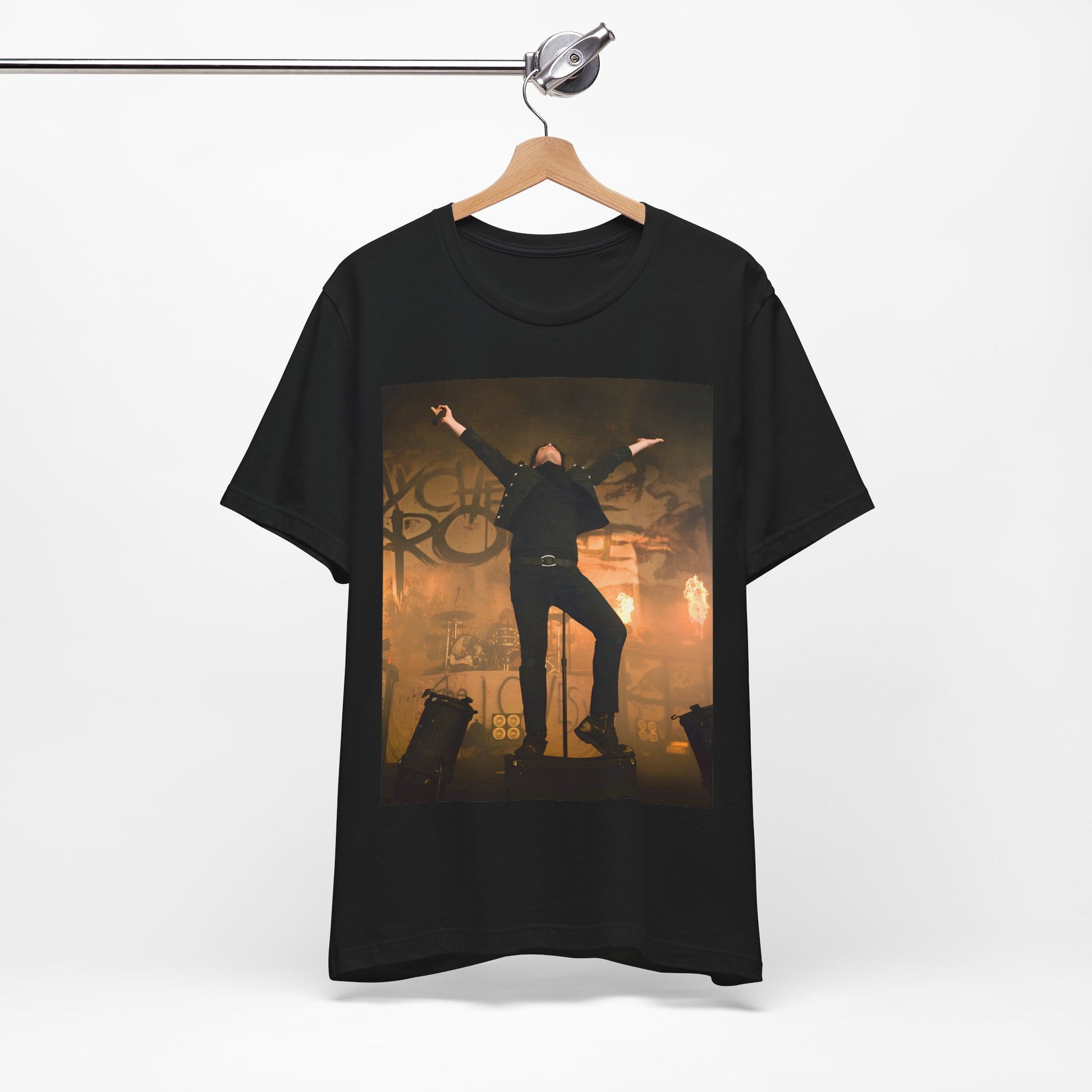 A black graphic t-shirt featuring an on-stage merch graphic of My Chemical Romance.