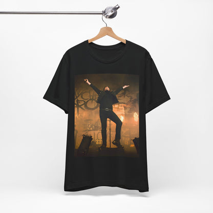 A black graphic t-shirt featuring an on-stage merch graphic of My Chemical Romance.