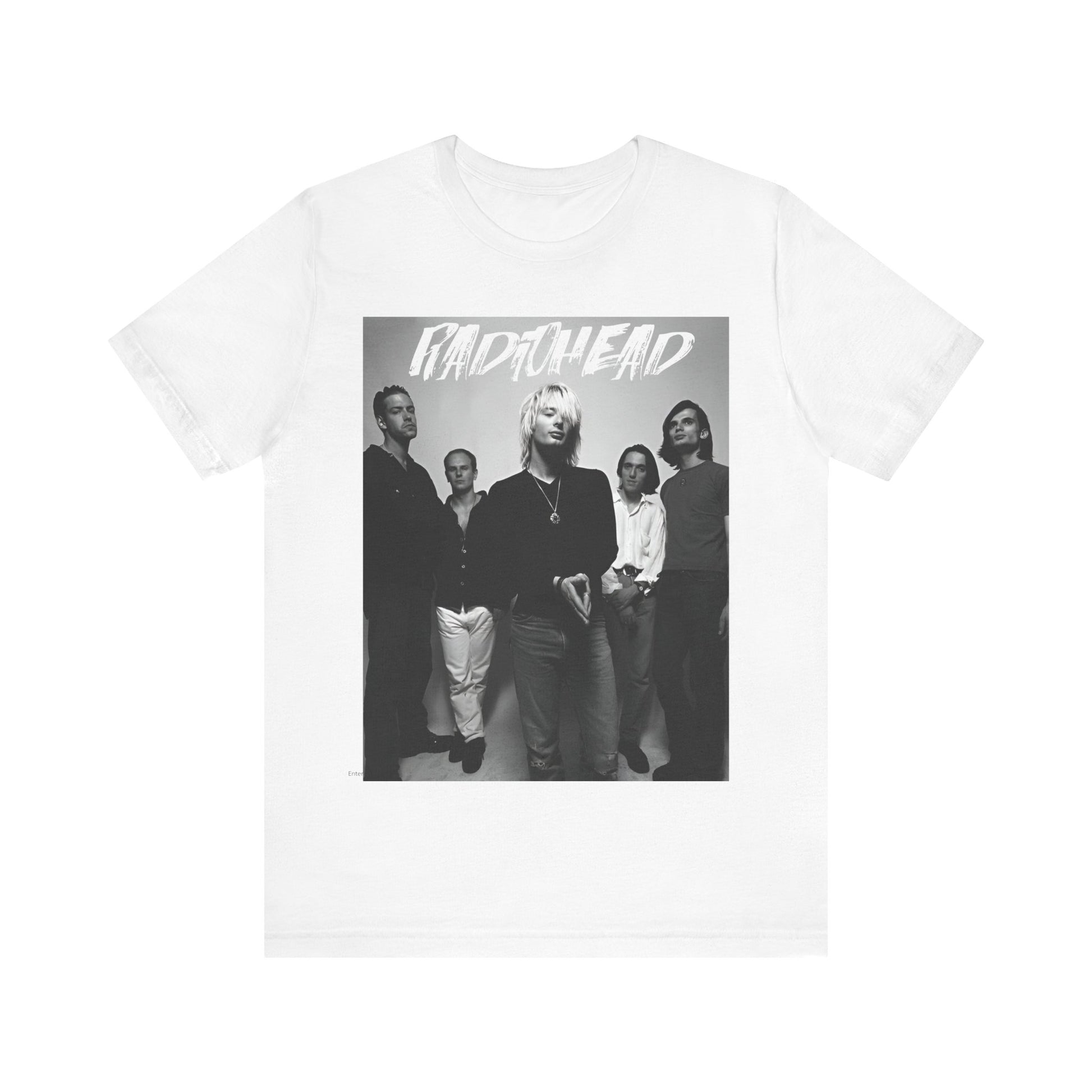 A black graphic t-shirt featuring a retro graphic related to Radiohead's 'OK Computer' album era.