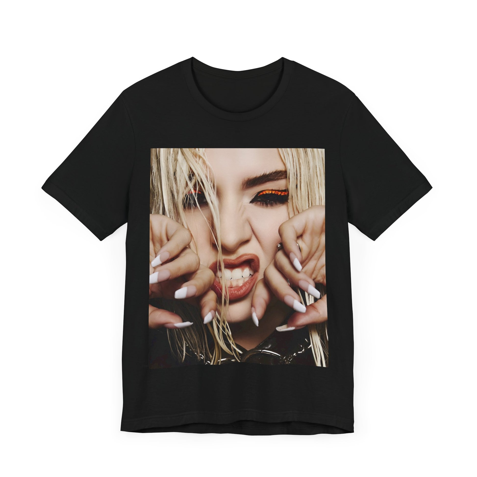 A black graphic t-shirt featuring a graphic of Ava Max with a pop punk aesthetic, possibly with bold lines, vibrant colors, or edgy elements.