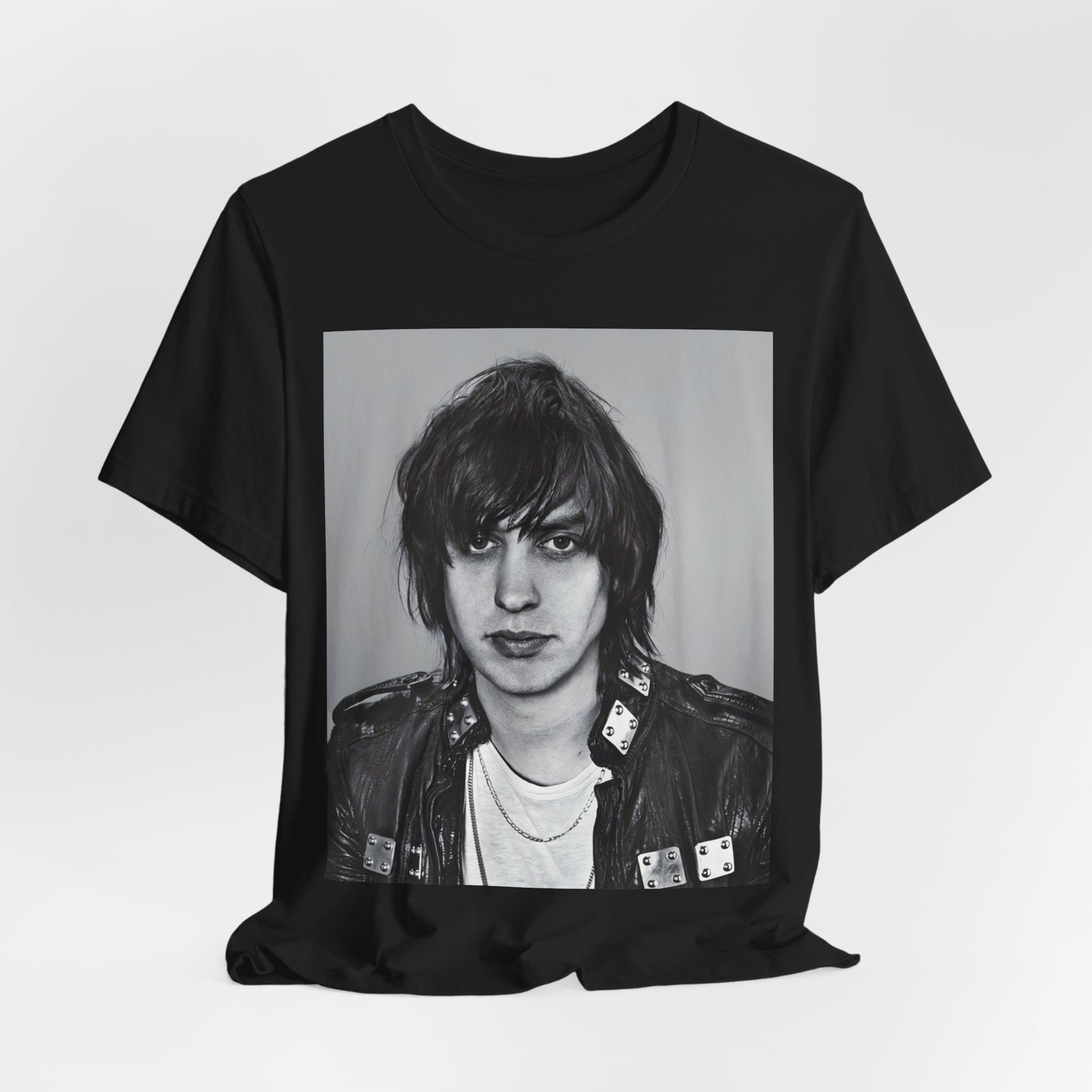 A black graphic t-shirt featuring a portrait photo of Julian Casablancas from The Strokes.