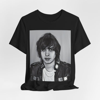 A black graphic t-shirt featuring a portrait photo of Julian Casablancas from The Strokes.