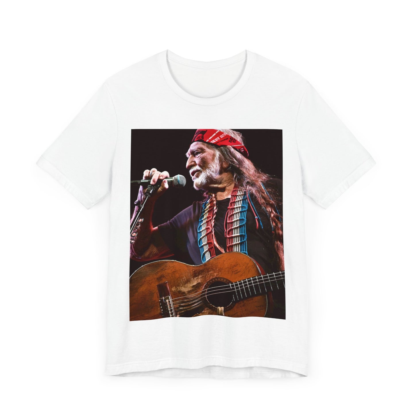 A black graphic t-shirt featuring a graphic of Willie Nelson with his iconic long hair and bandana.