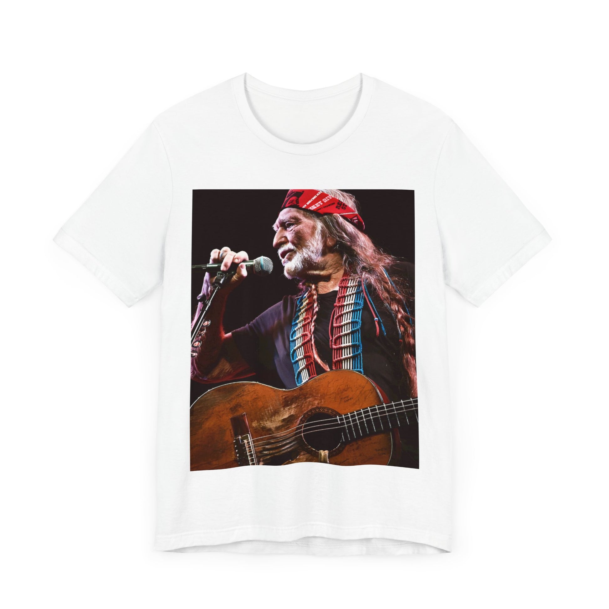 A black graphic t-shirt featuring a graphic of Willie Nelson with his iconic long hair and bandana.
