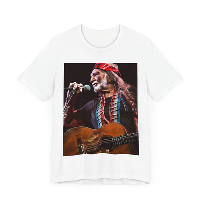A black graphic t-shirt featuring a graphic of Willie Nelson with his iconic long hair and bandana.