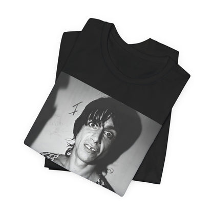 A black graphic t-shirt featuring a graphic of Iggy Pop and The Stooges in a punk style.