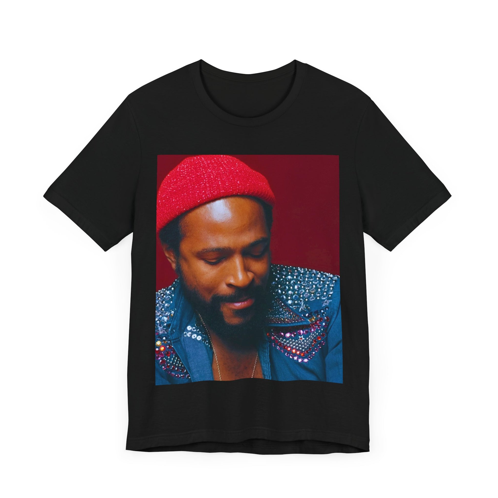 A black graphic t-shirt featuring a graphic related to Marvin Gaye's 'What's Going On' album era.