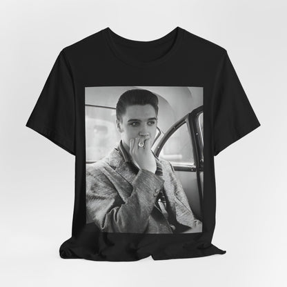 A black graphic t-shirt featuring a classic 50s era graphic of Elvis Presley.
