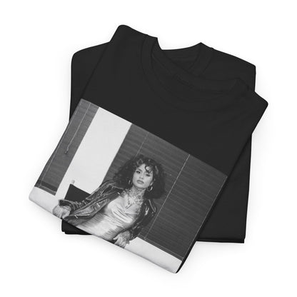 A black graphic t-shirt featuring a vintage black and white graphic or photo of Kehlani.