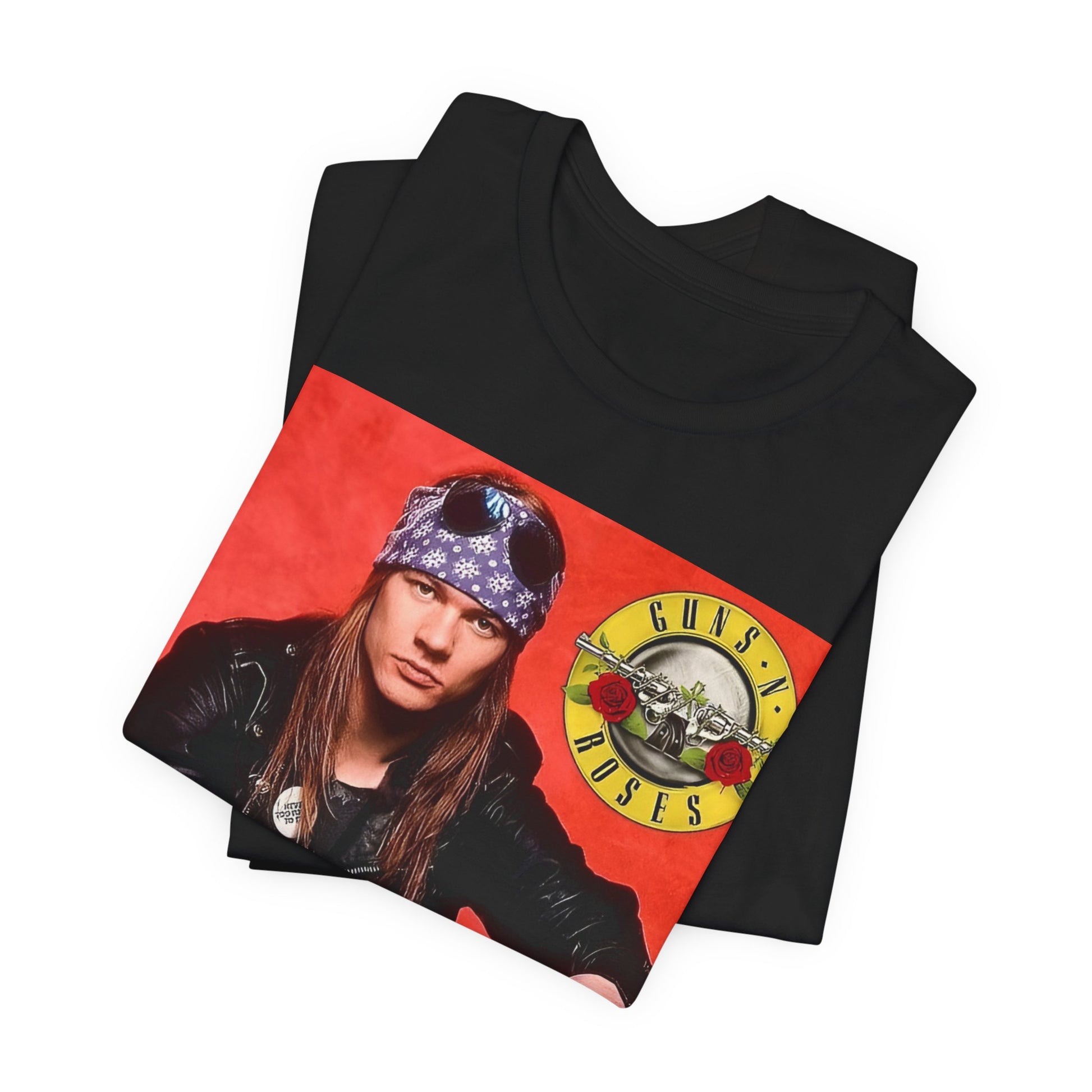 A black graphic t-shirt featuring a classic 90s rock graphic of Guns N' Roses.